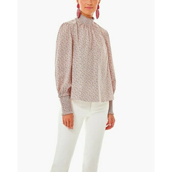 Pomander Place Women's Floral Smocked Modoc Top Mock Neck Blouse Size XL NWOT - Picture 1 of 8